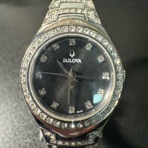 Bulova Black and Silver Watch with Crystal Detailing